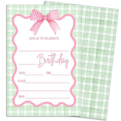 4X6 Green Plaid Style Birthday Party Invite, Pink Bow Birthday Invitation, Retro Bday Party Invitation Cards, 20 Double-Sided Fill In Invite Cards With Envelopes, Party Favor &Amp; Decorations-T012