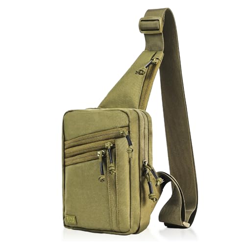 Jessie&James SwiftPack Tactical Nylon Sling Bag for Men, Quick-Draw CCW Crossbody Bag, EDC Mens Chest Bag for Outdoor Olive