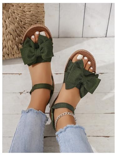Image of GORGLITTER Women's Bow Flat Sandals 2026 Dressy Cute Ankle Strap Slides | Summer Shoes for Women 2026, Slip On Open Toe Flats, Slingback Slides, Vacation Dress Sandals