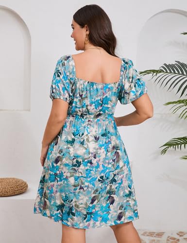 Image of Plus Size Women Boho Floral Dress Puff Short Sleeve Square Neck Button Front A-Line Flowy Summer Casual Midi Dress