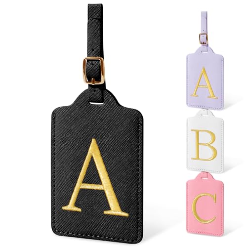 Image of Initial Luggage Tags for Suitcases, Cute Embroidered Letter Luggage Bag Suitcase Identifier Name Baggage Tag, PU Leather Travel Luggage Tags, Bag Tags for Men Women Kids Luggage Handbags(Black A)