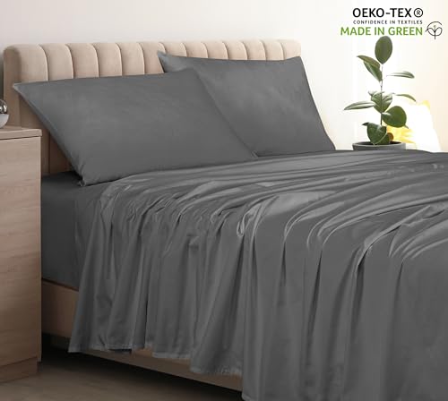 Image of Royale Linen 400 Thread Count 100% American Grown Cotton Flat Sheet - Cooling Sheets - Full Sheets - Luxury Sateen Weave - Full Flat Sheet Sold Separately - Grey Flat Sheet Only (Full, Spanish Slate)