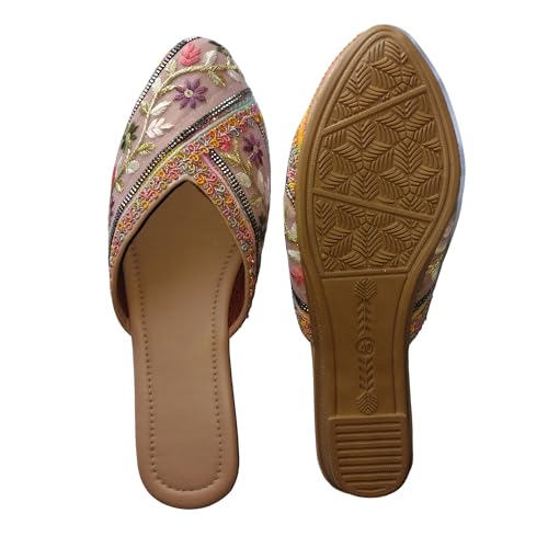 Image of Women's Embroidered Floral Juttis | Ethnic Jutti Flats | Handcrafted Flat Slip-On Mules with Beaded Embellishments