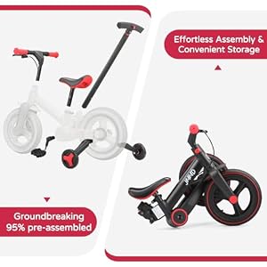 JMMD 6 in 1 Toddler Bike with Push Handle for Kids 18-60 Months, 12" Foldable Balance Bike with Training Wheels, Pedals, Brakes, Kickstand, Push Tricycle Toddler Gift & Toys for Boy & Girl — photo 6 of 6