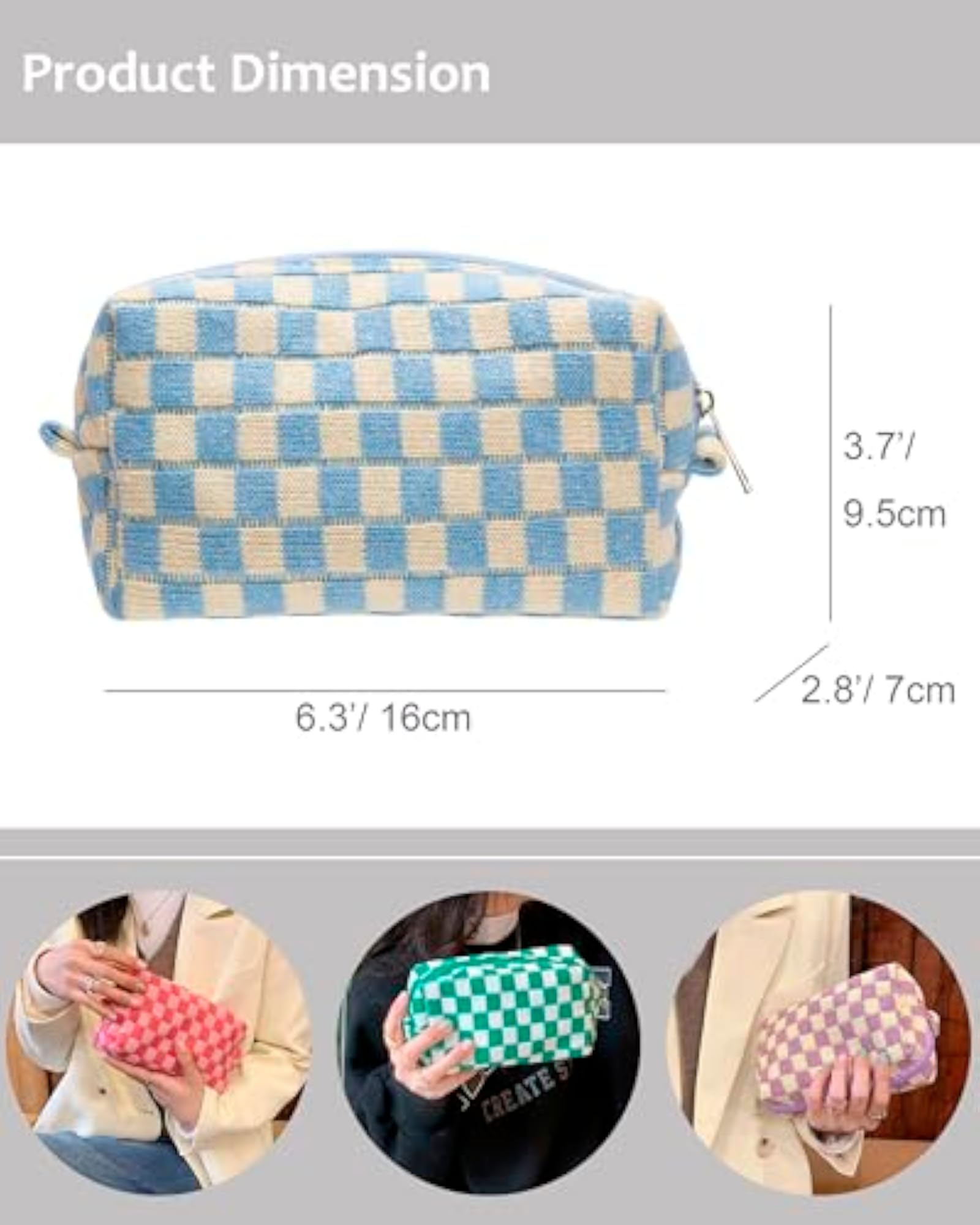 Checkered Makeup Bag, Portable Zipper Pouch