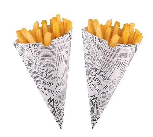 Disposable Fast Food Serving Chip Buckets Snack Holder Cones & Scoops (Newsprint Cone, 250)