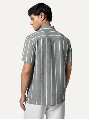 Image of Urbano Fashion Men's Cotton Half Sleeve Relaxed Fit Linen Striped Shirt with Cuban Collar