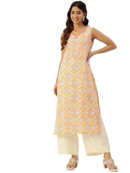 Image of feranoid Women's Pure Cotton Floral Print Straight Kurti | Elegant Curved V-Neck | Sleeveless Calf-Length Ethnic Wear | Comfortable Regular Fit | Sizes XS-XXL