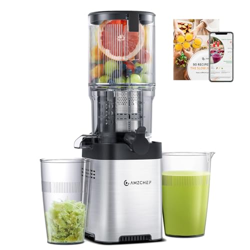 AMZCHEF Cold Press Juicer with 1.5L and 126mm Feeding Chute for Whole Fruits and Vegetables, Slow Juicer Machine with Quiet Motor, High Juice Yield, One-Touch Clog Release, Easy to Clean, BPA Free