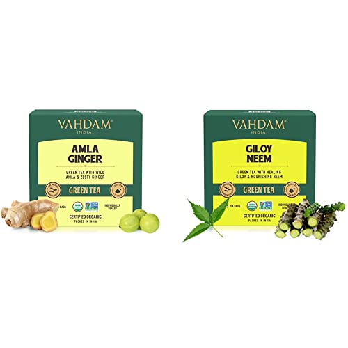 Image of VAHDAM Organic Amla Ginger Tea - 15 Green Tea Bags & VAHDAM, Organic Giloy Neem Detox Green Tea Bags (15 TBS)