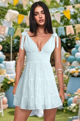 Image of Summer Dress for Women 2026 Floral Eyelet Mini Dress Sleeveless V Neck Tie Shouder Flowy A Line Cute Short Sundress