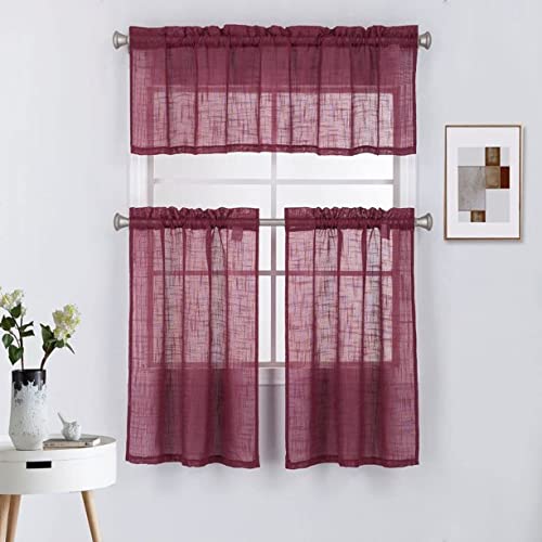 Diamond Home Linens 3 Piece Linen Semi Sheer Kitchen Window Curtain Tiers and Valance Set 24" Long, Burgundy.