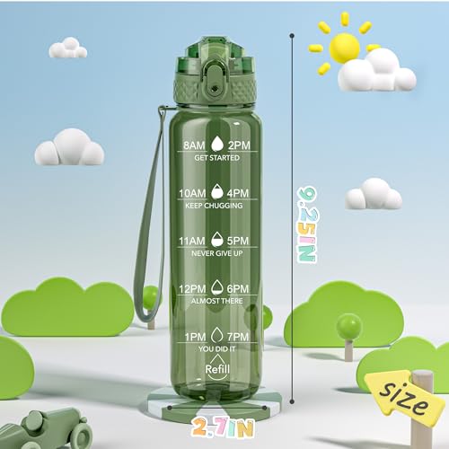 OLDLEY 17oz Kids Water Bottle for school Girls Boys, Motivational Water Bottles With Silicone Straw, Leak-Proof Tritan BPA-Free, Reusable water bottles for kids, Jade