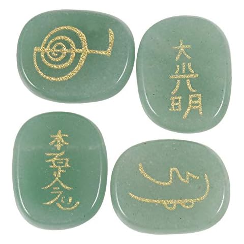 Amogeeli 4 Stück Reiki Symbole Graviert Usui Reiki Steine Set, Heilung Kristall Energie Taschensteine für Reiki Heilung Kristalltherapie (Grüner Aventurin) Cover