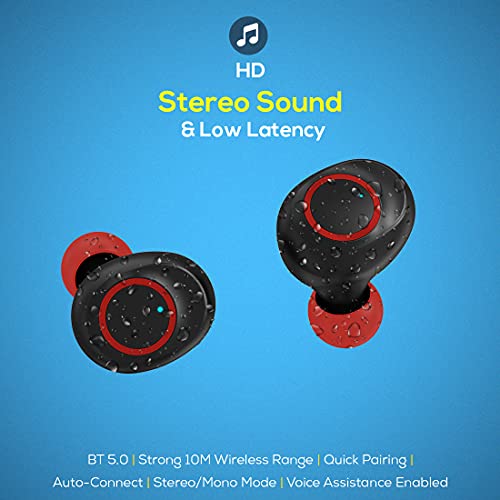 Image of pTron Bassbuds Jets True Wireless Bluetooth 5.0 Headphones with Deep Bass, Touch Control Earbuds, IPX4 Sweat /Splash Resistant, Voice Assistant, Built-in Mic & Digital Display Case - (Black & Red)