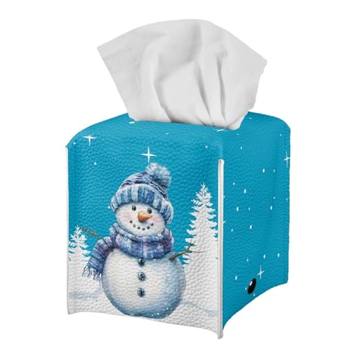 doginthehole Capa de caixa de lenços de papel para decoração de Natal, azul, branco, fofo, estampa de boneco de neve, suporte de cubo quadrado, estojo de lenços faciais, organizador de papel facial