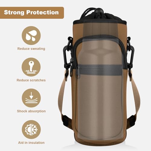 Image of Water Bottle Holder with Strap, Water Bottle Carrier Bag with Phone Pocket, Shoulder Hand Strap Insulated Neoprene 32 oz Water Bottle Sleeve for Walking Hiking Camping Gym(Coffee)