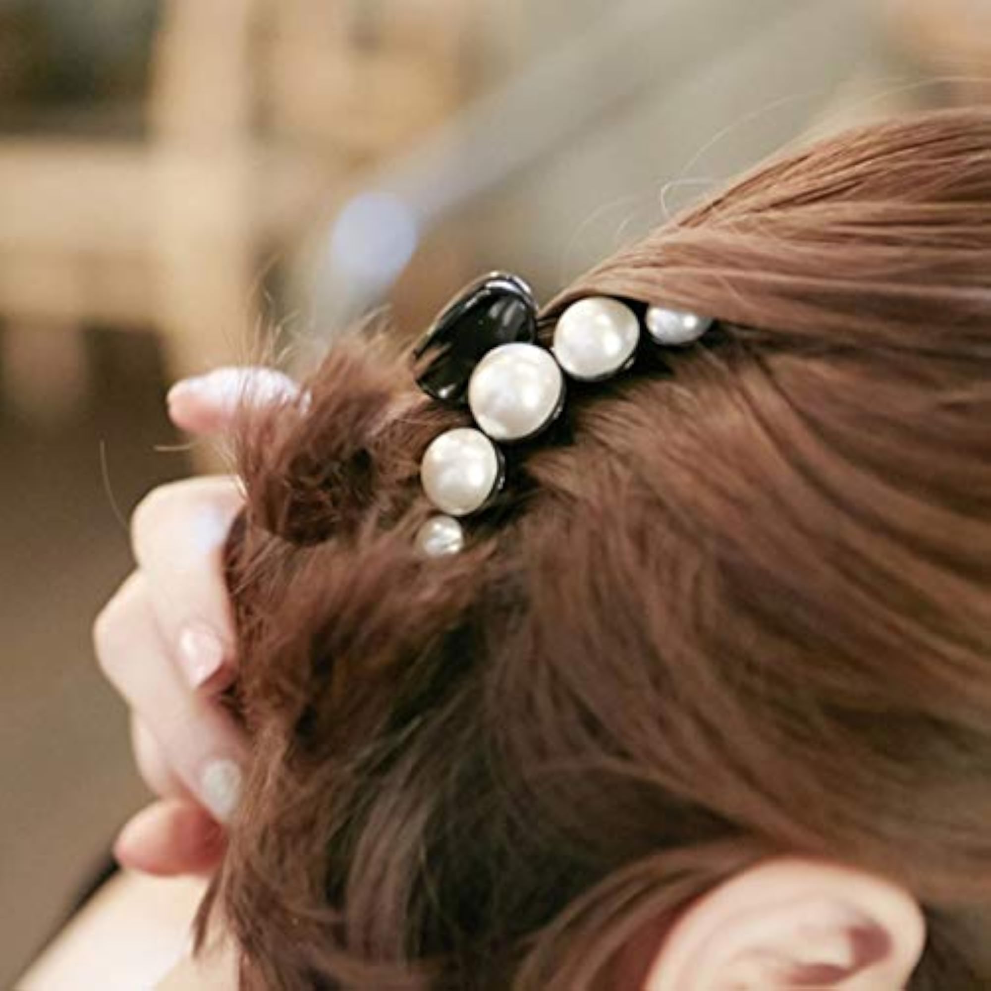 Pearl Hair Claw Clip for Thick and Thin Hair, Light Brown