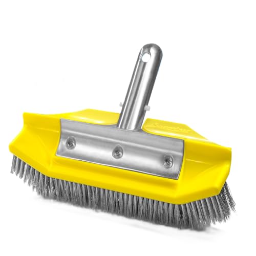 SweepEase® Swimming Pool Brush 10” Pro Series Algae-Zilla Pool Brush, Stainless Steel Bristles, Sticks to Walls and Floor Guaranteed, Yellow, Patented Aquadynamic Design
