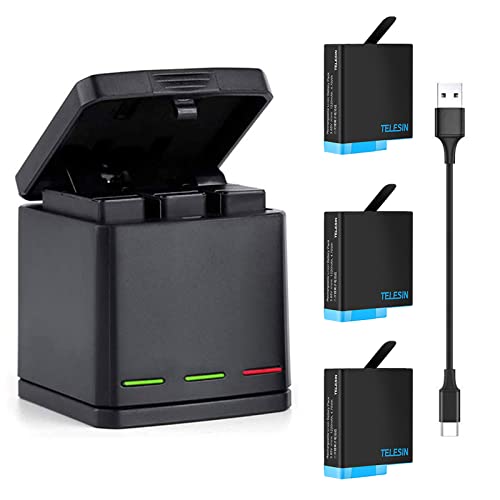 TELESIN 3-Pack Replacement Batteries and Triple Charger for GoPro Hero 8 Hero 7 Black Hero 6 Hero 5 Black Hero (2018) Camera, with Go Pro Small Carry Case, Lens Cover, Lens Protector, 3 Battery Case