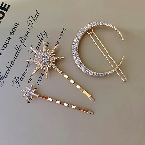 3 Pcs Stars Moon Hair Clips Metal Rhinestone Hair Pin For Wedding Bridal Shower Hair Accessories For Women Ladies Thick Hairstyle Dainty Accessories Headwear(Star And Moon) #TOP5