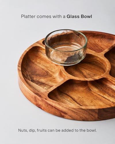 Image of Premium Wooden Chip & Dip Platter with Glass Bowl | Acacia Wood Snack Serving Tray for Nachos, Snacks & Appetizers | Handcrafted in India