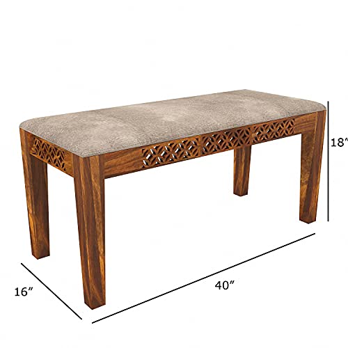 Image of Sheesham Wood 6 Seater Dining Table Set for Home Hall || Solid Wood CNC Dining Table with 4 Cushion Chairs and Bench for Hotels || Dining Room Sets - Honey Teak Finish