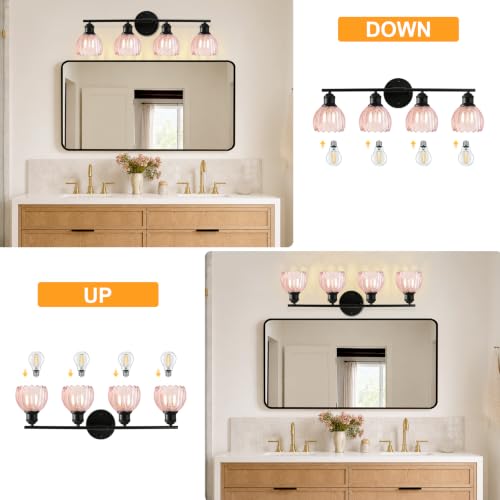 Image of Bathroom Light Fixtures, 4-Light Brushed Black Vanity Lights for Bathroom with Pink Tulip Glass Shade, 20 inch Vintage Bathroom Vanity Lighting Fixtures Over Mirror for Bedroom Living Room Hallway