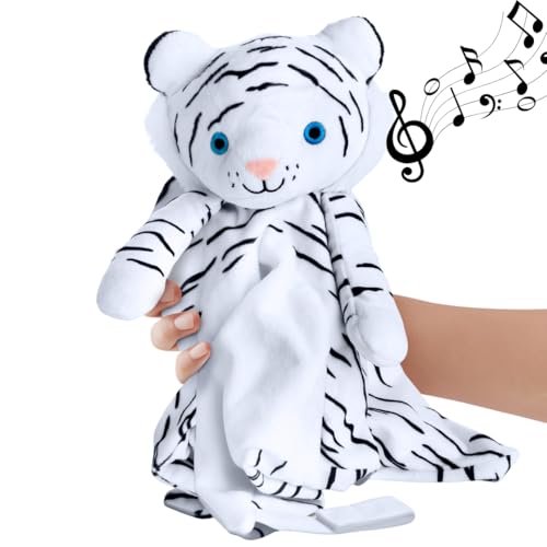 Image of Love By Emi 4 in 1 Baby Lullaby Sleep Soother Toy - Stuffed Animal Sound Machine & Pacifier Holder | Heartbeat White Noise & Music | Plush White Tiger Lovey Sleep Aid Security Blanket (0-3 Years)