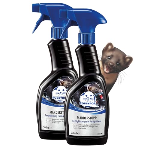 ROBBYROB | Marder Stopp Marderspray | Verhindert Marderbiss durch Aufsprühen eines Abwehrdufts | Marderabwehr für den Einsatz in Auto Haus Dachboden Garten und Garage | 2X 500 ml Sprühflasche