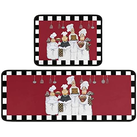 Chef Kitchen Rugs Decor 2 Pieces Set Kitchen Mat Washable Runner Rug 17" x 47" + 17" x 23" (Red) Cover