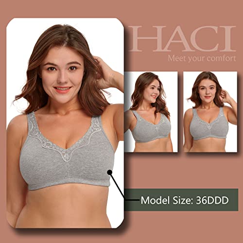 Haci Women's Comfort Cotton Bra Plus Size Everyday Non Padded Wirefree Lace Floral Bras(Gray,46D) #TOP6
