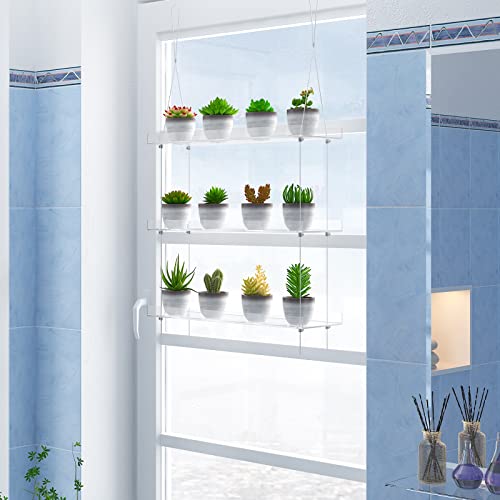 Clear Hanging Window Plant Shelves, Height Adjustable Acrylic , Indoor Windows Wall Hanging Plant Stand Flower Display, Flower Pot Organizer Storage for Grow Herbs, Microgreens, Succulents