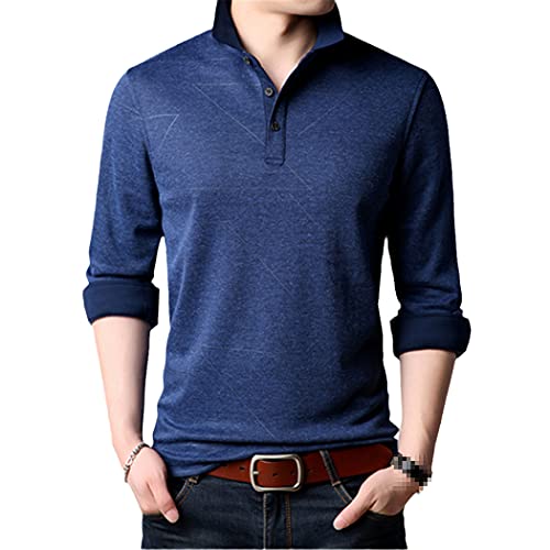 Polo de moda para hombre, camisas de polo de manga larga, estilo sólido, ajustado, para hombre, azul oscuro, M