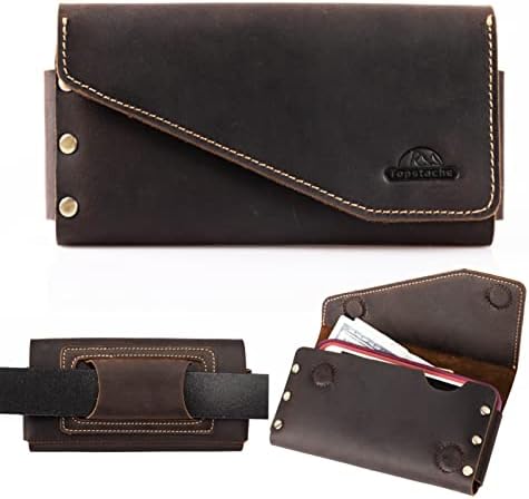Topstache Leather Phone Holster with Belt Loop, Magnetic Closure Cell Phone Pouch Card Holder Wallet, Handmade Leather Phone Holder for iPhone 13 Pro Max,(Fits Phone with Otterbox Case on),Darkbrown