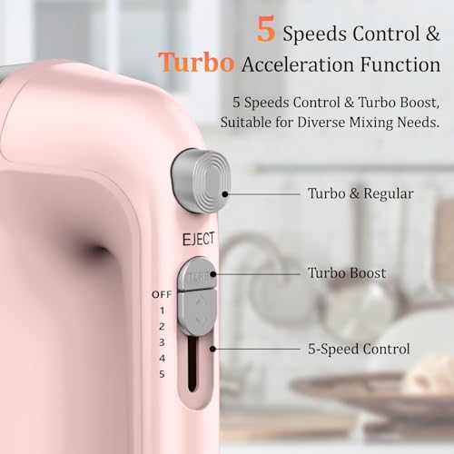 450W Electric Hand Mixer, 5 Speed Handheld Mixer with Scale Cup Storage Case, 5* Stainless Steel Accessories, Turbo Boost, Eject Button, Kitchen Mixer Food Mixer for Baking - Image 5