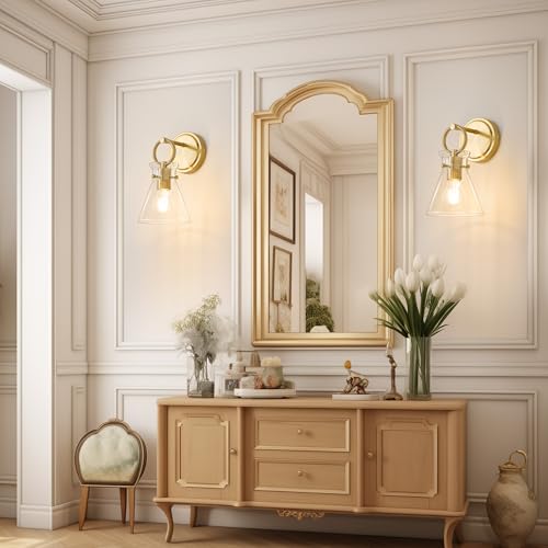 Image of Gold Wall Sconces Set of 2 Vanity Light Fixture for Bathroom | Wall Mount Lighting Lamp, Farmhouse Wall Lights 6'' Clear Glass Shade, Hardwired for Bedroom Living Room Mirror