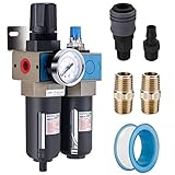 NANPU 1/2' NPT Compressed Air Filter Regulator Lubricator (FRL), 5 Micron Brass Element, 0-150 psi Gauge, Manual Drain, Metal Bracket