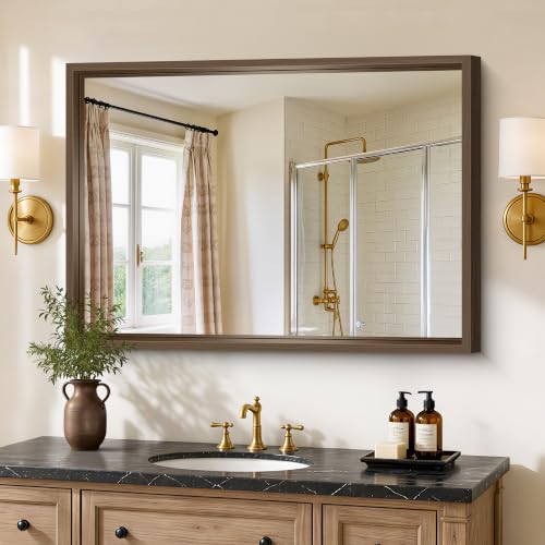 Image of Bathroom Mirror, 30 x 42 inch Walnut Wood Grain Colored Aluminum Metal Frame Bathroom Vanity Mirror, Rectangle Wall Mirror for Bedroom Living Room, Tempered Glass, Horizontal or Vertical
