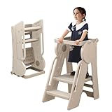 UNICOO® Kids Toddler Tower & Ladder, Kitchen Step Stool, Months 12-84 Learning Stool with Adjustable Guardrail, Toddler Step Stool for Kitchen (Taupe Beige)