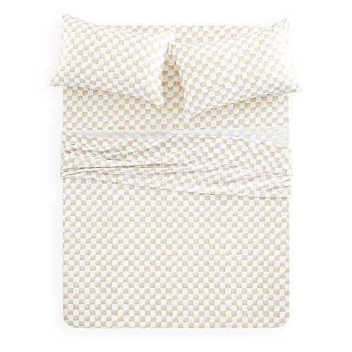Wake In Cloud - Gingham Sheet Set, 4-Piece Sheet Set, Checkered Grid Plaid Checkerboard Geometric Preppy Hand Drawn Pattern Printed Bedding, Deep Pocket, Beige White, Twin Size by Wake In Cloud - Image 3