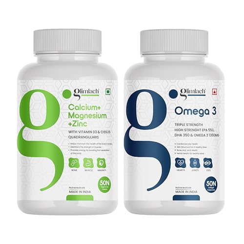 Image of GLIMLACH Calcium Magnesium & Zinc, Omega 3 Fish Oil 1300mg 550 mg EPA & 350 mg DHA for Brain, Heart, Eyes, Bone Health & Joint Support, Daily Nutrient Combination with Essential Minerals and Omega 3