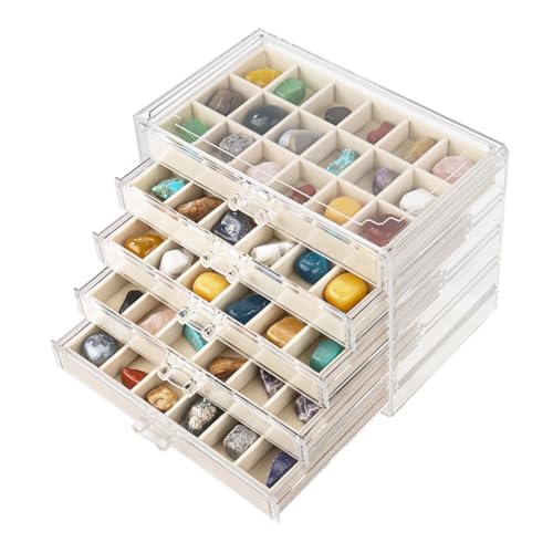 Dmnnlp Rock Vitrine, Acryl Rock Sammelbox, 5 Etagen 90 Fächer Gemstone Collection Box, Aufbewahrungsbox mit Fächern für Gemstone Mineralien Fossil Kristalle Kleine Sammlerstücke Edelsteine(Beige5)