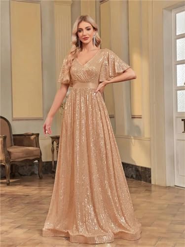 Women V Neck Short Sleeves Gold Evening Dresses Women Sequins Wedding Party A-Line Maxi Cocktail Dresses2
