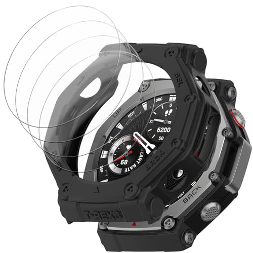 Protection Amazfit T-Rex 3 intégrale, coque souple noire et 4 verres trempés anti-chocs
