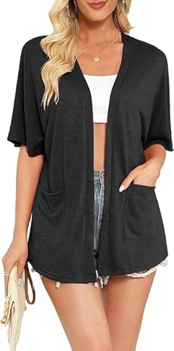 Yommay Cardigans for Women Summer Short Sleeve Open Front Ladies Elegant Cardigan Lightweight Casual Outerwear with Pockets,Black,XXL
