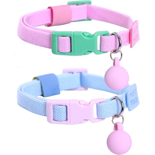 Lamphyface 2 Pack Eastic Cat Collar with Solid-Color Ball Pendant Adjustable Accessory for Cats Puppy Kitten Kitty