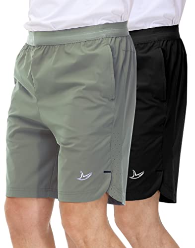 Lushenuni Mens Elastic Waist Shorts Cargo Quick Dry Workout Casual Shorts Hiking Training Sports (Black/Sage Green,S) #TOP11
