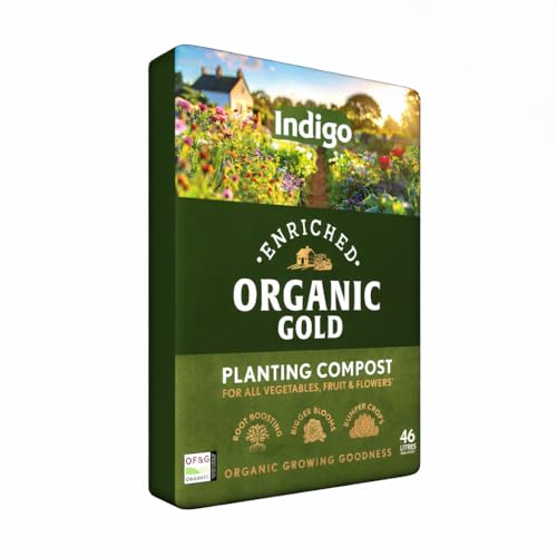 Indigo Organic Gold Planting Compost 46L Peat-Free Biochar Enriched Organic Compost for Strong Roots Bigger Blooms & Healthier Soil Pots Beds & Borders