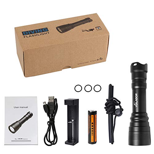 VOLADOR Diving Flashlight, 1000 Lumen Waterproof Diving Torch Rechargeable Scuba Dive Lights 150M Underwater LED Flashlight White Submersible Lights with 1x 18650 Battery and Charger